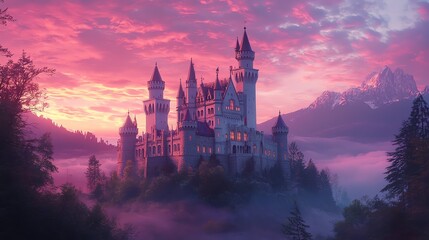 A majestic castle surrounded by misty mountains at sunset.