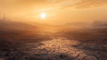 Desolate Dystopian Landscape Under Scorching Sun and Hazy Horizon