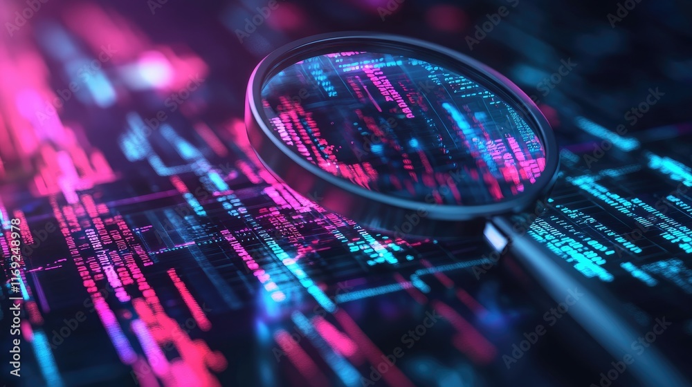 Aufkleber a magnifying glass magnifying text amidst digital data streams and holographic elements, symbolizing