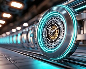 Obraz premium Modern Technologies in Precision Watch Manufacturing, a neon light photography view of automated watch assembly lines glowing with cool blue and silver neon accents in a futuristic factory