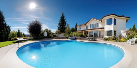 Luxurious white mansion, curved swimming pool, manicured lawn, sunny day, blue sky, landscape architecture, high-end real estate, backyard oasis, outdoor living space, modern design, curvilinear pool 