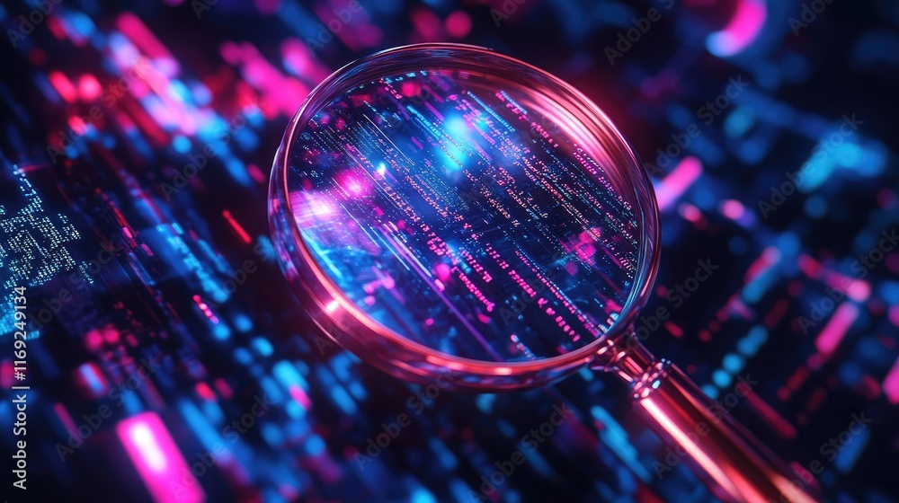 Poster A magnifying glass magnifying text amidst digital data streams and holographic elements, symbolizing data investigation and research.