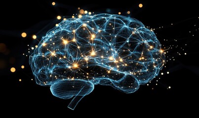 Neural Network Visualization, Digital Brain Representation with Glowing Connections and Nodes, Abstract Technology Concept