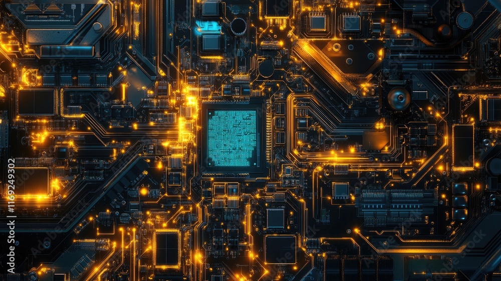 Poster A microchip on a circuit board, glowing blue and gold, capturing the intricate details and complexity of advanced electronic systems.