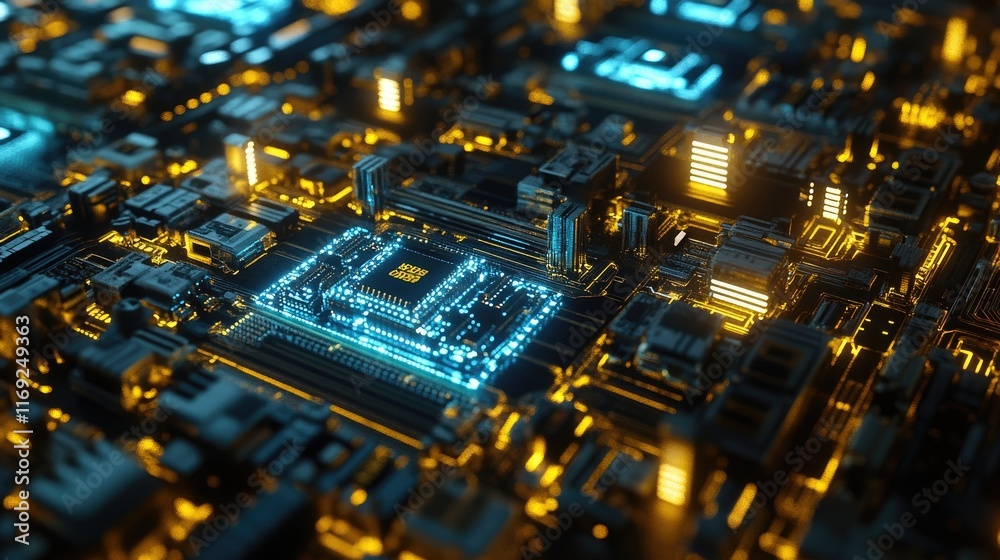 Poster A microchip on a circuit board, glowing blue and gold, capturing the intricate details and complexity of advanced electronic systems.