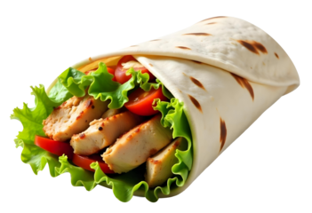 A grilled chicken wrap with lettuce , tomatoes , and other vegetables wrapped in a tortilla png 