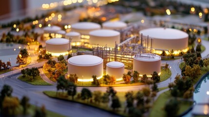 A miniature industrial facility model featuring large storage tanks in a landscaped environment, representing modern design and sustainability.