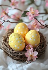 Fototapeta premium Yellow polka dot eggs nestled in a nest surrounded by pink blossoms during springtime
