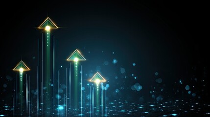 illustration shows a detailed stock market graph with an upward arrow, symbolizing financial growth against a blue backdrop