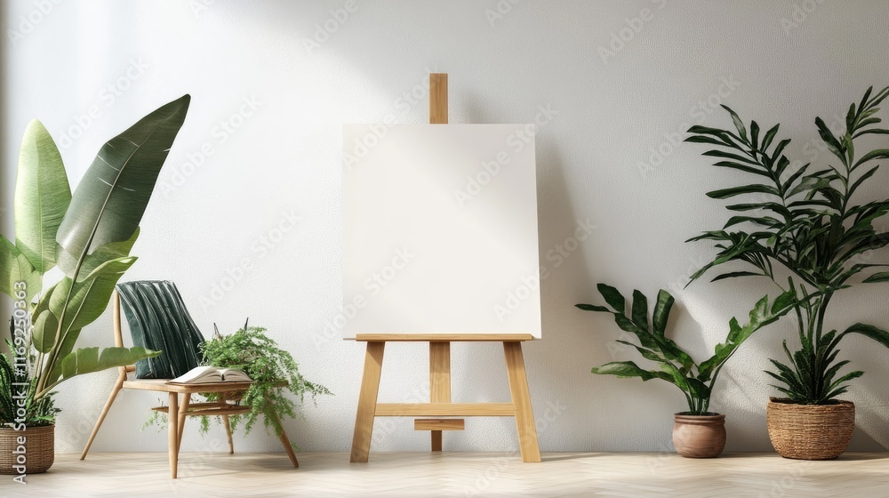 Poster a minimalist mockup featuring a blank canvas on an easel, ideal for creative workshops, with a simpl