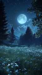 Fototapeta premium A serene night landscape featuring a bright moon over a flower-filled meadow.