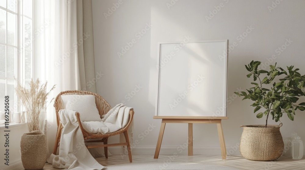 Poster a minimalist mockup featuring a blank canvas on an easel, ideal for creative workshops, with a simpl