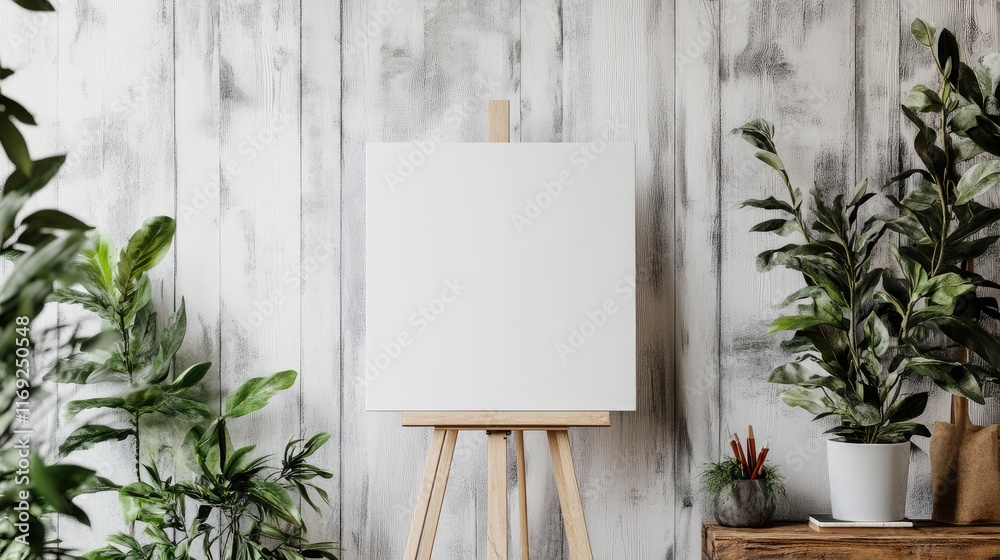 Poster a minimalist mockup featuring a blank canvas on an easel, ideal for creative workshops, with a simpl