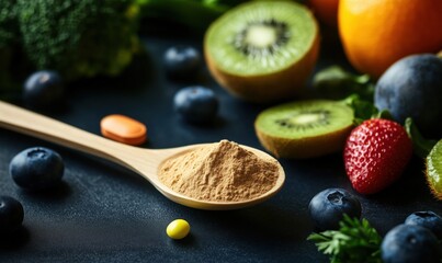 Healthy Superfood Ingredients: Nutrient-rich Powder, Fresh Fruits, Vegetables, and Supplements for Wellness