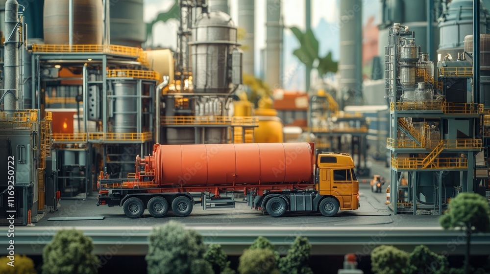 Poster a model truck in an industrial backdrop, with large structures and a colorful setting, illustrating 