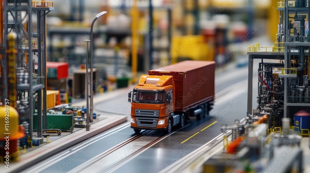 Poster a model truck in an industrial backdrop, with large structures and a colorful setting, illustrating 