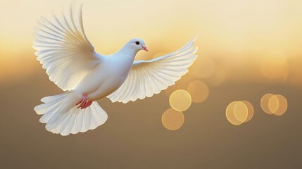 Fototapeta premium White dove in flight, golden sunlight, spread wings, peaceful atmosphere, glowing background, heavenly imagery, spiritual symbolism, graceful movement, divine light, celestial aura, soft bokeh effect,