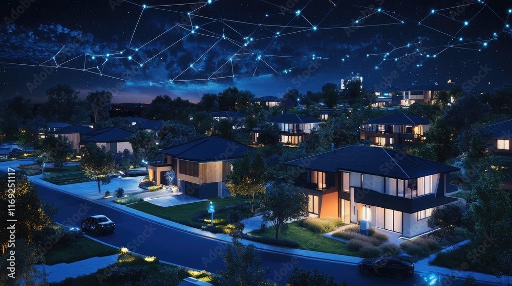 Poster a modern digital community with interconnected smart homes at night, showcasing iot and digital netw