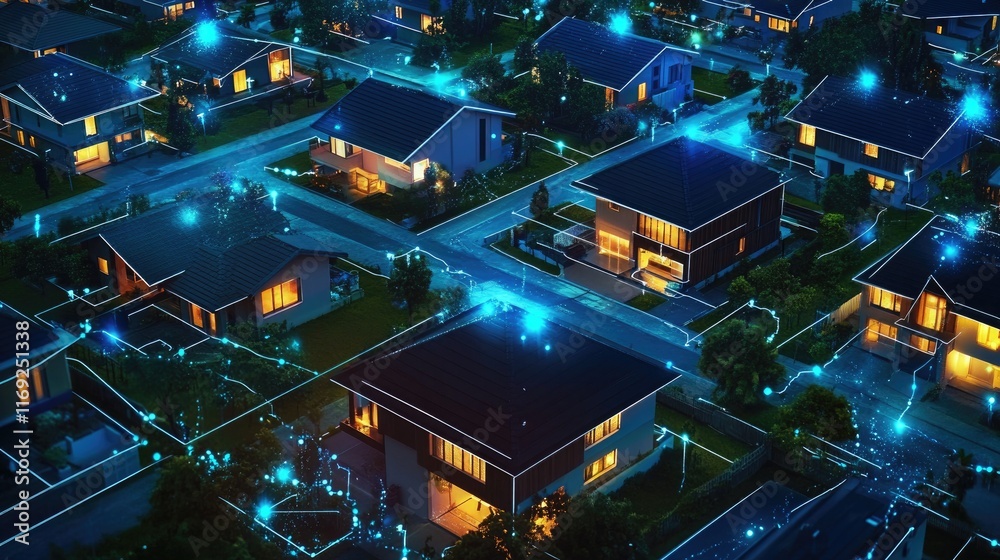 Poster a modern digital community with interconnected smart homes at night, showcasing iot and digital netw