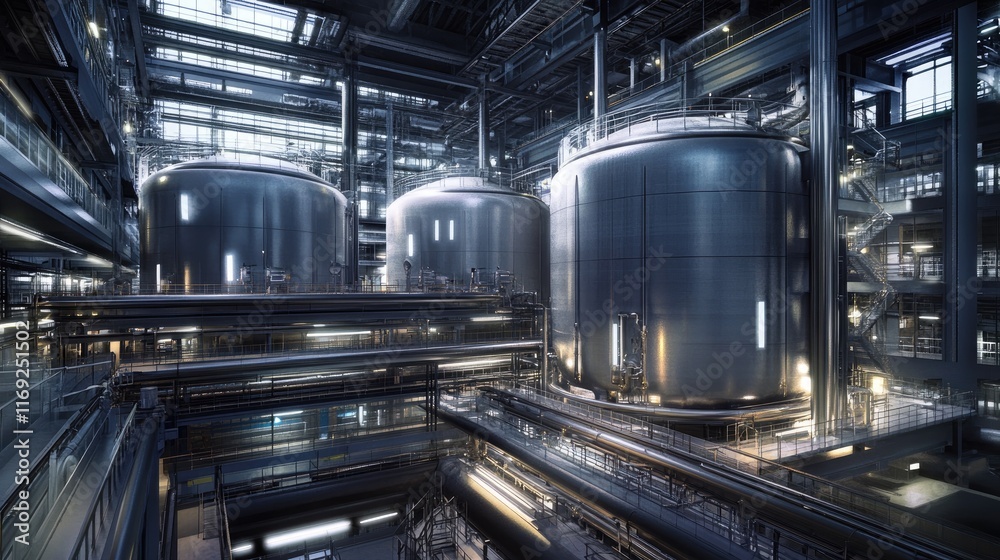 Aufkleber a modern industrial facility featuring three large storage tanks and a network of pipes, demonstrati