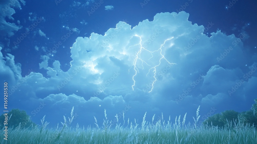 Poster a dramatic sky filled with clouds and lightning over a grassy field at night.