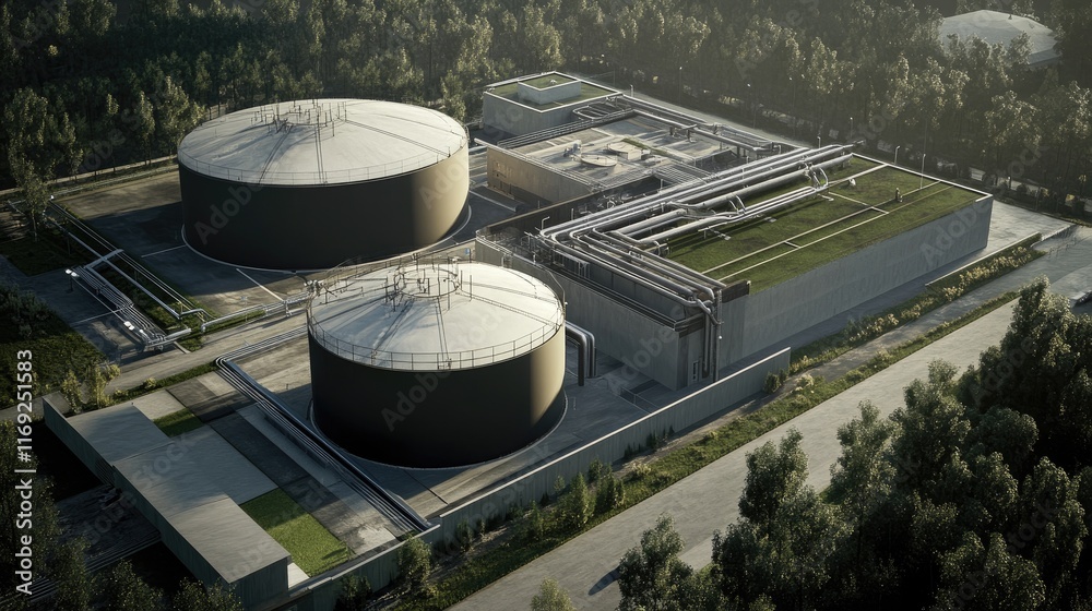 Aufkleber a modern industrial facility featuring three large storage tanks and a network of pipes, demonstrati