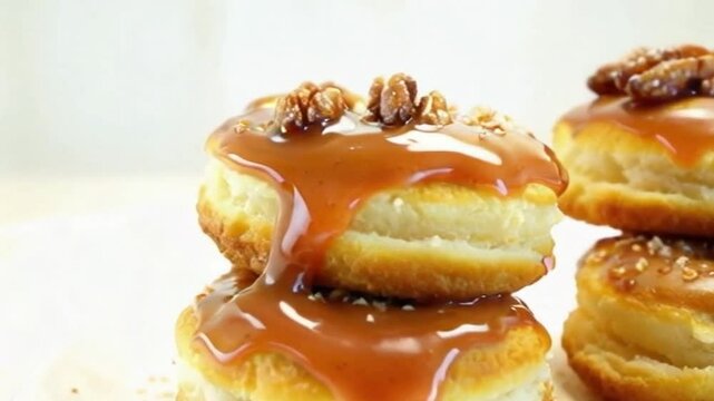 Maple stack of cronuts with maple glaze drips, toasted pecans, and sugar crystals under white background with golden highlights for an inviting dessert scene
