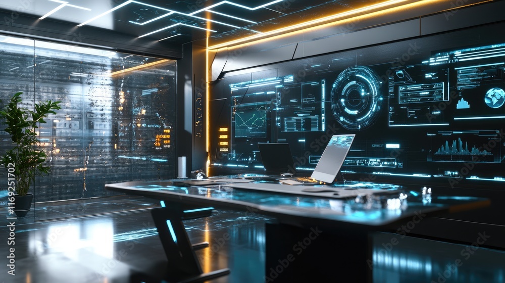 Poster A modern workspace with holographic interfaces, representing the future of hybrid learning environments blending technology and education.