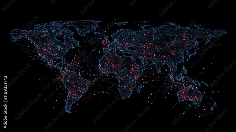 Poster a network of digital connections forming a global world map, illustrating the concept of global tele