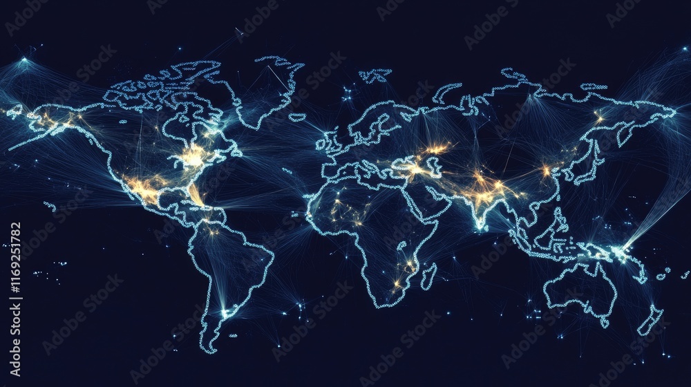 Poster a network of digital connections forming a global world map, illustrating the concept of global tele