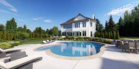 Fototapeta premium Luxurious white mansion, curved swimming pool, manicured lawn, sunny day, blue sky, landscape architecture, high-end real estate, backyard oasis, outdoor living space, modern design, curvilinear pool 