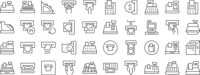 Pack of Money Related Line Icons. Cash Register and Receipt Outline Signs for Graphic and Web Design, Apps, Adverts, Various Cards