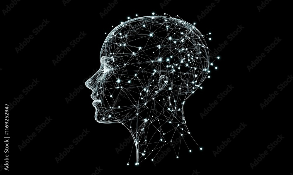 Poster Abstract representation of human head silhouette with interconnected nodes and lines symbolizing neural networks and artificial intelligence concepts