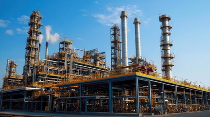 A prominent gas pipe running to a factory, with the oil refinery in the background, showing the scale and importance of industrial infrastructure.