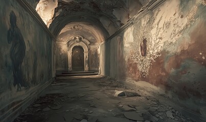 Obraz premium Abandoned corridor with intricate frescoes and crumbling walls, showcasing faded artistry and historical architecture