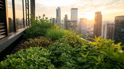 Fototapeta premium Lush Rooftop Garden Overlooking Cityscape at Sunset