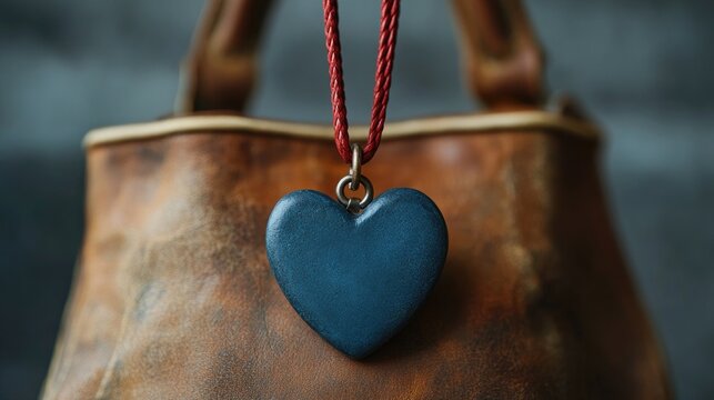 Blue heart pendant hanging on red string against leather bag - Powered by Adobe