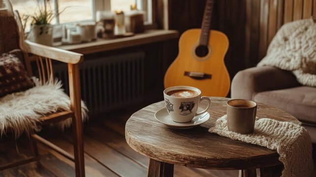 A rustic coffee arrangement with a warm cup of coffee on a wooden table and a guitar leaning against a chair, evoking a cozy, laid-back vibe.
