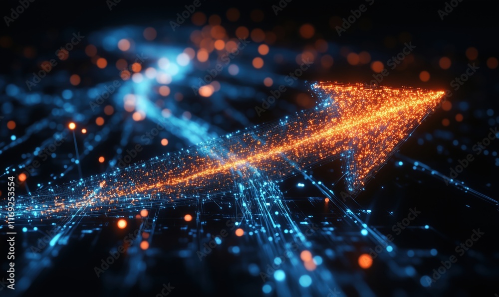 Poster dynamic digital arrow symbolizing growth and progress amidst a network of glowing data points and li