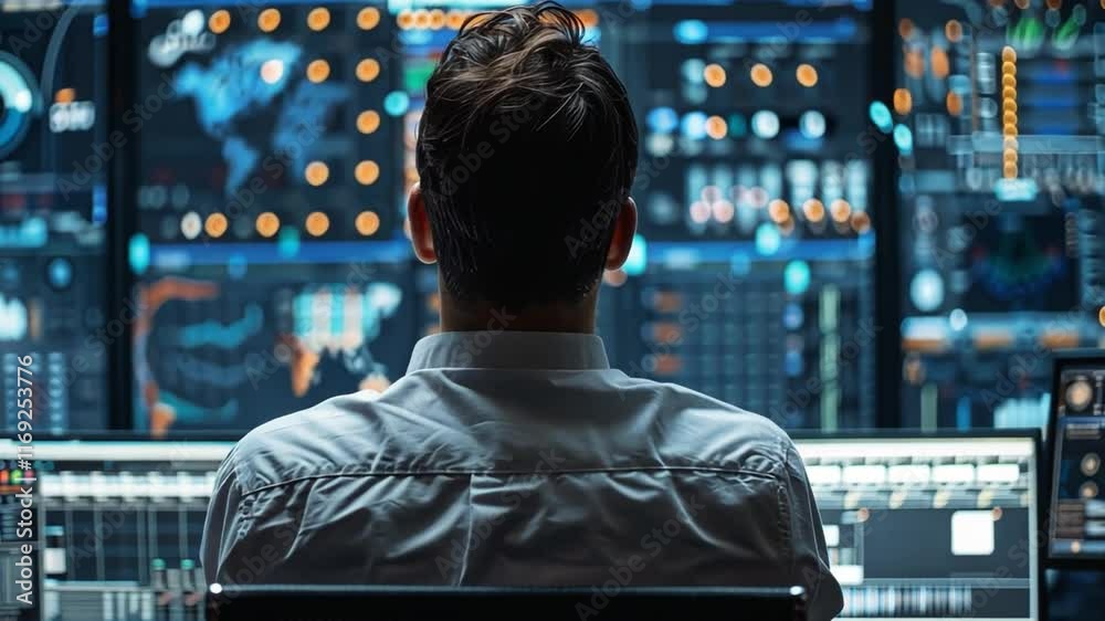 Poster A person observes intricate data displays on multiple screens in a high-tech workspace. The setting is illuminated by colorful graphs and statistics, creating a focused atmosphere for analysis.