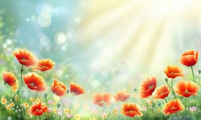Obraz premium Vibrant orange poppies blooming in sunlit meadow, surrounded by soft bokeh and colorful wildflowers, evoking a serene spring atmosphere