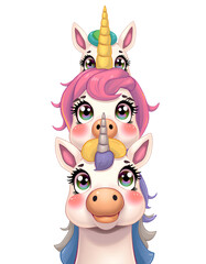 Stack of Unicorns, Three adorable cartoon unicorns stacked on top of each other, each with their unique personalities and features, create a whimsical and magical scene.