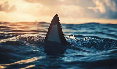 Fototapeta premium Shark fin emerging from ocean surface at sunset, dramatic lighting and waves create a captivating marine scene