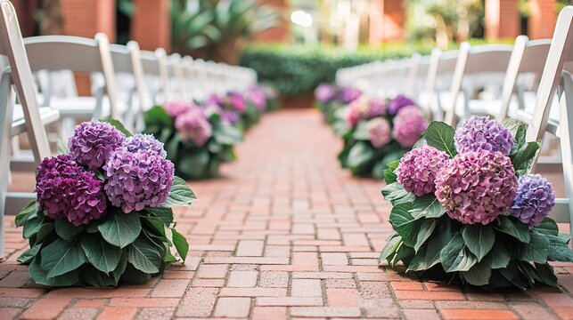 shot of hydrangeas lining a ceremonial aisle, emphasizing their elegance and beauty. | Hydrangea 