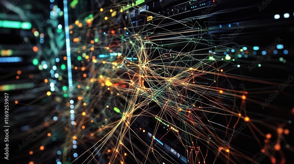 Poster A server showing a complex network visualization, emphasizing enhanced connectivity and the role of data centers in modern network systems.