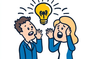 Two people having a conversation, one wearing a blue suit, the other with long light gray hair, both appearing happy with an idea, depicted in a simple line drawing.