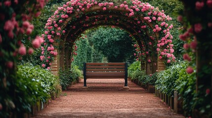 Fototapeta premium Serene garden pathway with flowered arch and wooden bench