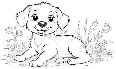 Fototapeta premium Cute cartoon puppy sitting in grass, smiling with big eyes, surrounded by flowers, perfect for coloring activities and children's art projects