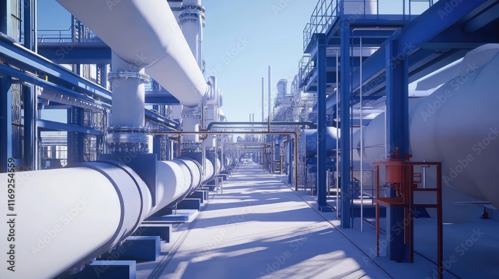 Poster A shot of a pipeline compressor station with large pipes and gas processing systems, emphasizing the technological advancements in energy distribution.