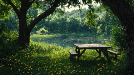 Naklejka premium Serene Outdoor Picnic Area Surrounded by Lush Greenery and Tranquil Pond Under Bright Blue Sky